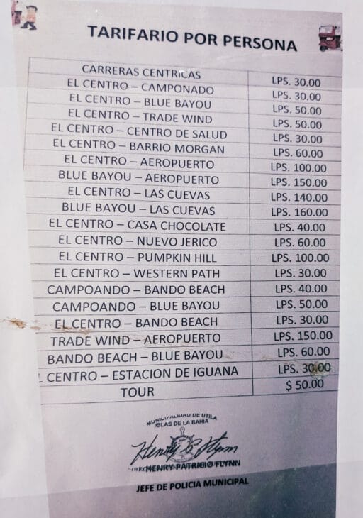 Tuk Tuk travel price guide for Utila